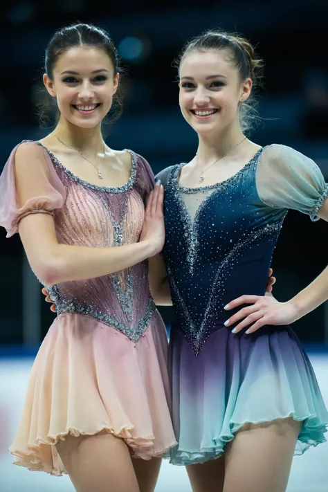 DSLR,25 years old, two women,figure skating dress,half body,full body,1girl,nighttime,highly detailed,Rembrandt lighting,ruching,chiffon,layered dress,sheer fabric,short sleeves,ombre,feminine colors,makeup,skating rink, spotlight,arena,smiling,romantic,lesbian
<lora:figureskatingdress_v14:0.4>,(perfecteyes:0.3), <lora:PerfectEyesXL:0.4>