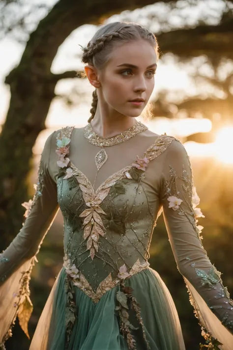 DSLR,woman,19 years old,fairy,fantasy,medieval,perky breasts,shimmering fabric,gossamer,opalescent,leaf details,earth tones,pastel floral details,braided hair,figure skating dress,long sleeves,pointed elf ears,magic,bodice,cinematic still,sunset,princess
<lora:figureskatingdress_v14:0.5>