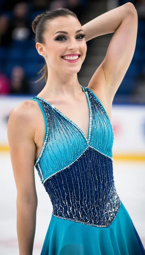 DSLR,woman,1girl,23 years old,figure skating dress,half body,smiling,sleek dress,rhinetones,sleeveless,slick fabric,paneled dress,flattering bodice,sports editorial,see through,makeup,[fish eye lens],ombre,candid,arena,skating rink,arms outstretched
<lora:figureskatingdress_v14:0.4>