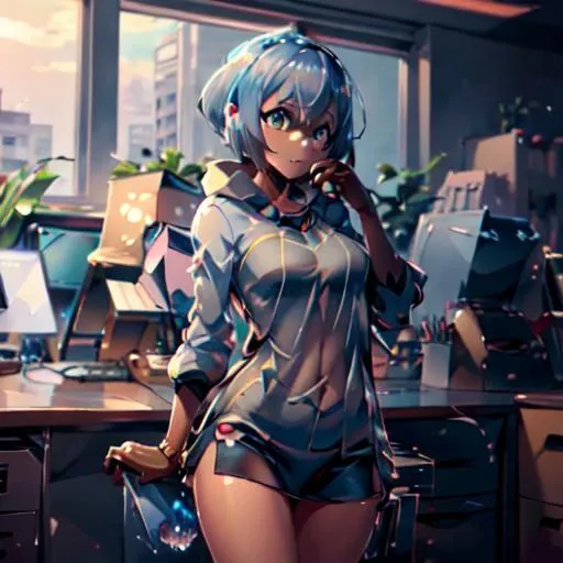 gloria1, gloria \(pokemon\), <lora:gloriaPokemon_v10:0.8>, Beautiful Art Style, 1girl, young woman, looking at viewer, sightly, office, arm behind head, hag costume, <lora:michiruLora_michiruv3latest:0.8>, crystallineAI, <lora:crystallineai_v10:0.8>
