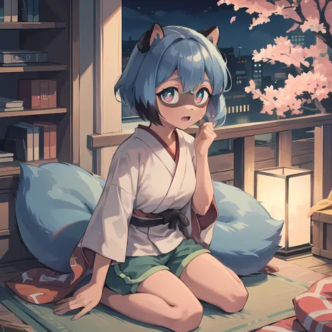 furry raccoon girl, michiru kagemori (brand new animal), michiru kagemori, absurdres, solo, 1girl, multicolored eyes, raccoon ears, two-tone hair, (high quality, best quality), high-res, (8k), no nuzzle, body fur, (animal nose:0.8), (tail, fluffy tail, blue tail, 1 tail), japanese streets, cherry blossoms, leaves falling, night, pink shirt, white shorts <lora:michiruKagemoriBrand_michirukagemoribna2:1>