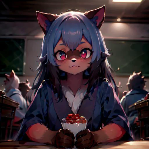 1girl, solo, animal ears, pose, happy, smiling, fangs, purple bear ears, purple hair, looking at viewer, ahoge, bangs, short hair, original character, pink eyes, magenta eyes, red eyes, multicolor eyes, short hair, wavy hair, swept bangs, small breasts, flat chest, bear ears, tired, sleepy, bags under eyes, beauty mark, young, li, short eyebrows, bar, nighttime, bar background, smug, drunk, laughing, flushed, blushing, smirk, full face blush, doyagao, :3, >:3, red face, embarrassed, smoking, joint, marijuana, high,420, drugs, drugged, stoned