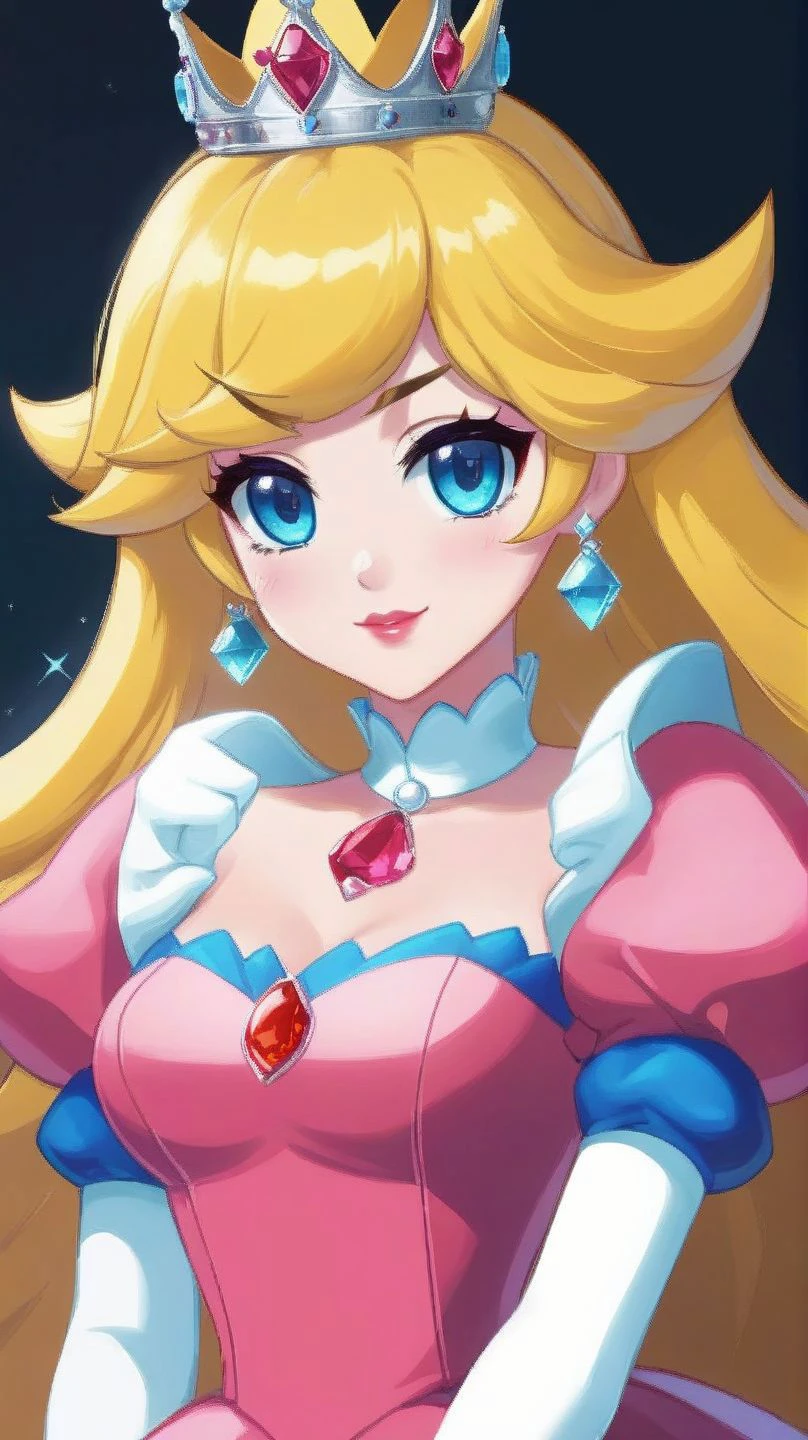(masterpiece, best quality),1girl,princess peach,blonde hair,blue eyes,long hair,crown,dress,gem,gloves,pink dress,puffy short sleeves,puffy sleeves,short sleeves,white gloves,evil smile,glossy lips,glossy skin,blushing,<lora:RW_pixelart_XL_v1:1>, pixelart,