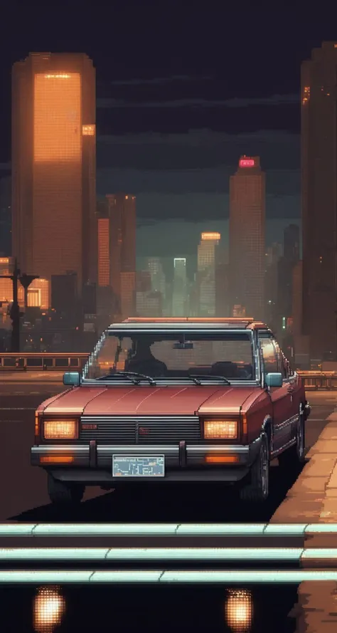 ((pixelart)),a picture of an old car,night city on the background,(8k, RAW photo, best quality, masterpiece:1.2),trending on artstation,videogame art,<lora:RW_pixelart_XL_v1:1>,