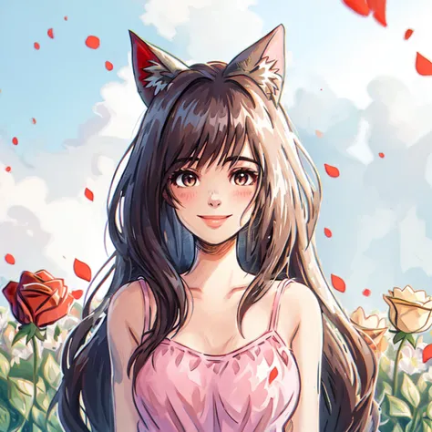 1girl, cat_ears, animal_ear_fluff, upper body, in a field of colorful flowers, seductive smile, <lyco:itukastyle-06:0.7> <lyco:kaspi:0.8> kaspi, bangs, simple background, (pale color:0.5), camisole, <lora:shuicolor_v1:0.5> shui001, surrounded by flowers,roses