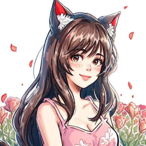 1girl, cat_ears, animal_ear_fluff, upper body, in a field of colorful flowers, seductive smile, <lyco:itukastyle-06:0.7> <lyco:kaspi:0.8> kaspi, bangs, simple background, (pale color:0.5), camisole, <lora:shuicolor_v1:0.5> shui001, surrounded by flowers,roses