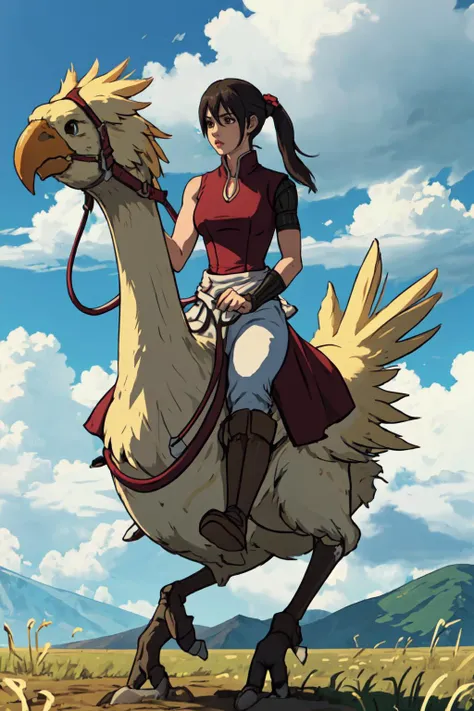 balsasei, solo, 1girl, hair tie, dress, sash, single shoulder pad, arm guard, white pants, boots, riding chocobo, chocobo, field, clouds, sky <lora:balsasei_V3-09:0.7> <lora:chocobo-nvwls-v1:0.8>