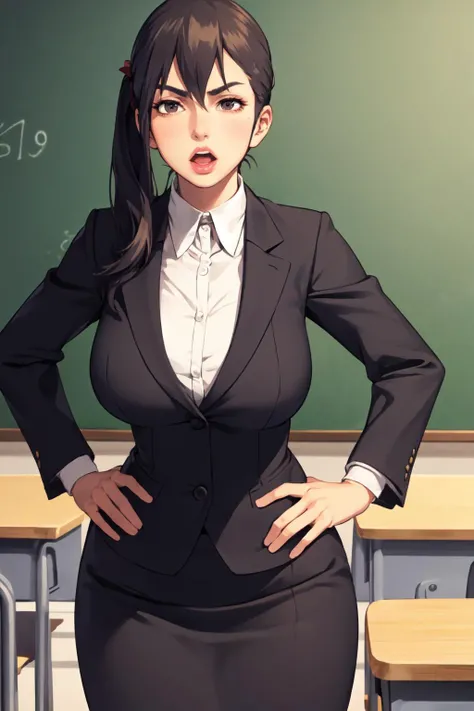 balsasei, solo, 1girl, hair tie, pencil skirt, business suit, jacket, white shirt, mature female, lips, teacher, chalkboard, classroom, open mouth, hands on hips, v-shaped eyebrows,   <lora:balsasei_V3-09:0.7>