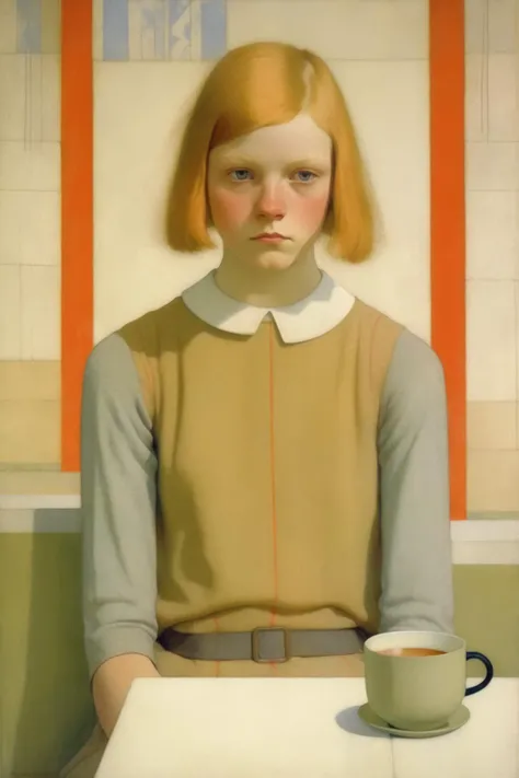 <lora:Euan Uglow Style:1>Euan Uglow Style - grumpy morning drinking tea cute nordic teen girl intense looking at viewer soft smile Frederick cayley Robinson style