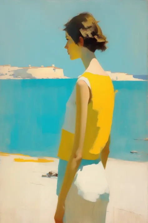 <lora:Euan Uglow Style:1>Euan Uglow Style - young woman portrait at Cote d'azur in 1967, standing in a distance, facing the ocean, we see her fro the back, painterly, bright yellow Sun in background, white sand, cyan sky, painted