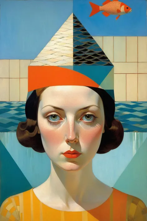 Euan Uglow Style page,<lora:Euan Uglow Style:1>,p1c4ss0,<lora:p1c4ss0_003:0.3>,
portrait of a woman with a hat on her head,An optical paradox:1.2 unfolds as fish:1.1 swim in an eternal waterfall:1.2,their scales reflecting the intricacies of tessellation:1.1,a nod to the artist's obsession:1.2,