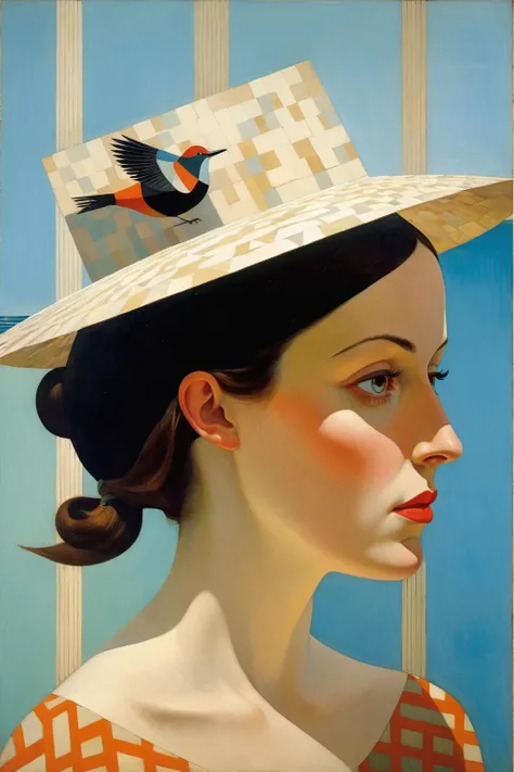 Euan Uglow Style page,<lora:Euan Uglow Style:1>,p1c4ss0,<lora:p1c4ss0_003:0.4>,
portrait of a woman with a hat on her head,An optical paradox:1.2 unfolds as bird:1.1 swim in an eternal waterfall:1.2,their scales reflecting the intricacies of tessellation:1.1,a nod to the artist's obsession:1.2,