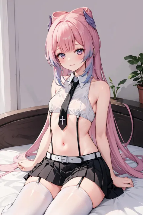 1girl, solo, <lora:ElleSuspenderSkirtSleevelessShirtV1:1> ,
suspender skirt, sleeveless shirt, garter straps,
,miniskirt, black necktie, groin, belt, <lora:char-kokomi:0.9>,sitting, evil smile, small breasts, bare arms, crop top, long hair,bow-shaped hair, white thighhighs, bedroom,