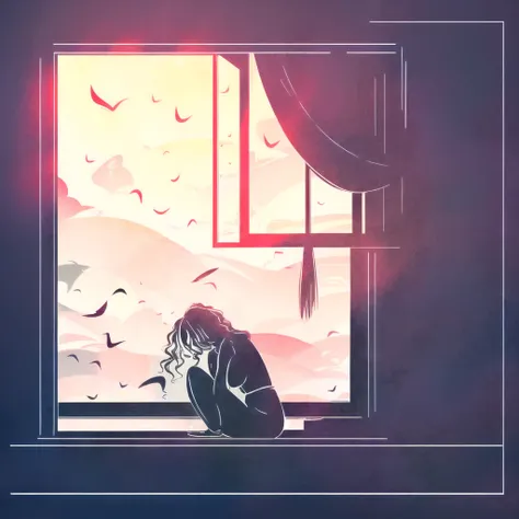 (darkflatartai:1.3) - 1girl, alone, crying, leaning her head against, window, rain