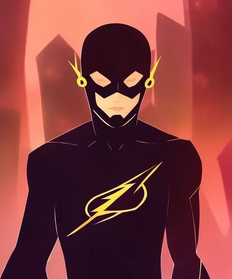 (darkflatartai:1.1) the flash superhero with bright eyes standing in a dark city, organic shapes, curves, smooth, relic