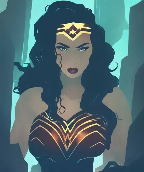 (darkflatartai:1.1) 
wonder woman,
with bright eyes standing in a dark city, organic shapes, curves, smooth, relic