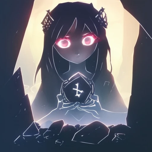 (darkflatartai)++ a girl with bright eyes between rocks with runes