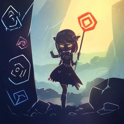 (darkflatartai)++ a girl with bright eyes between rocks with runes