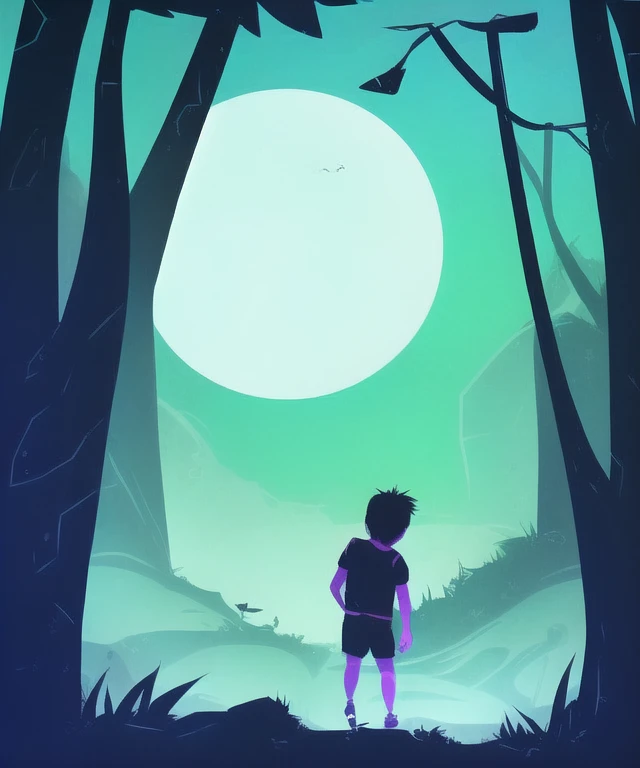 (darkflatartai)++ an adventurous little boy walking, simple shorts, 1boy, moon in the background, bright purple green neon foreground, rainforest,