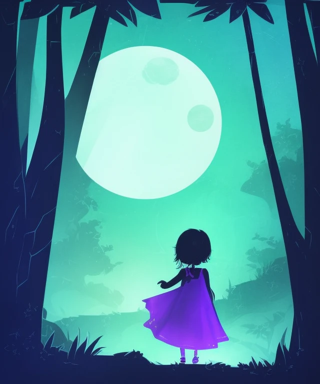 (darkflatartai)++ an adventurous girl walking, simple dress, 1girl, moon in the background, bright purple green neon foreground, rainforest,