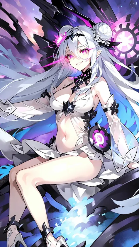 1girl, solo, white hair, abyssal ship, long hair, high heels, flower, breasts, navel, glowing, blue fire, detached sleeves, abyssal ship, hair ornament, pink eyes, pale skin, hair bun, glowing eye, dress, white dress, smile, white skin, <lora:EmpressIIIV1-000008:0.7>, EmpressIII, sitting,