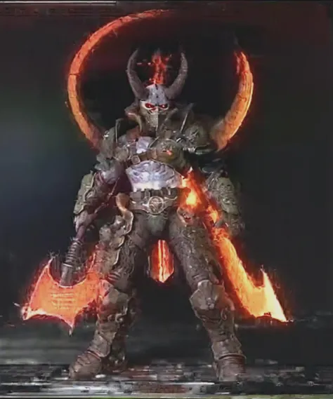best quality, masterpiece, doommarauder, standing, vhs, hell, fire, axe <lora:Marauder-15:0.8>  <lora:VHS3:1>
