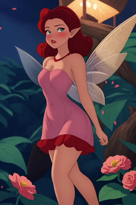 masterpiece, 8k, perfect ligthing, , adult, female, full body shot, looking at viewer, Arm behind back, cinematic lighting, Rosetta, (RosettaWaifu:1.1), Hair curled at the ends, (dress:1.8), (extra long fairy wings), long wings, pink clothes, clothes made from petals, Auburn Hair, (pointy ears), (detailled eyes), green eyes, emerald eyes, shrunken, Looking confused, blush, pixiedust, jungle, flowers, treehouse, night, <lora:RosettaTinkerbellDisney-06:0.6> <lora:realisticGlossyFaceSkin_rseromanticRsesofiko:0.3>