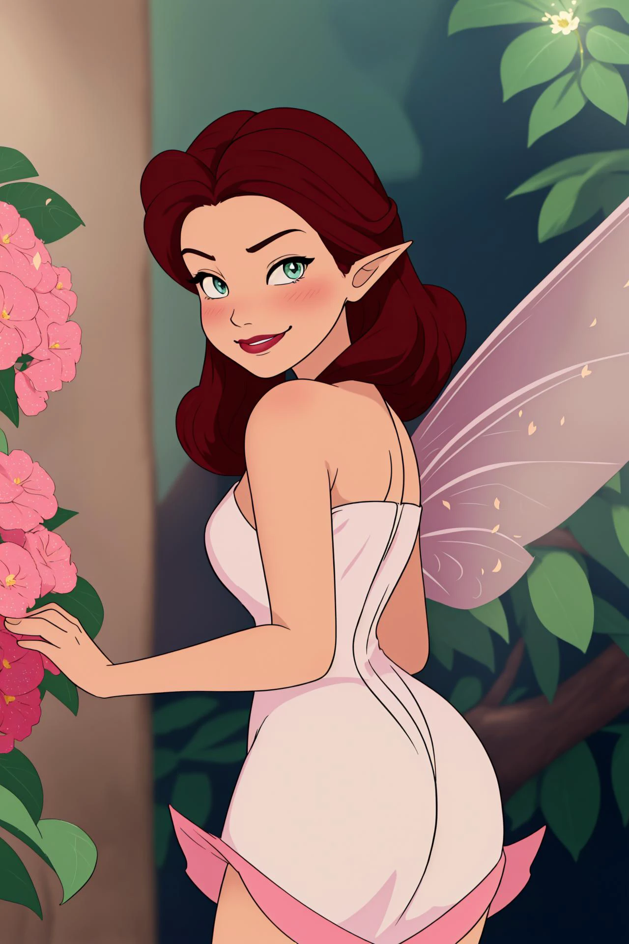 masterpiece, 8k, perfect ligthing, , adult, female, cowboy shot, looking at viewer, (body to the right), looking back, cinematic lighting, Rosetta, (RosettaWaifu:1.1), Hair curled at the ends, (dress:1.8), (extra long white fairy wings), long wings, pink clothes, clothes made from petals, Auburn Hair, (pointy ears), (detailled eyes), green eyes, emerald eyes, shrunken, (smirk:1.3), blush, pixiedust, jungle, ((flowers)), <lora:RosettaTinkerbellDisney-06:0.6> <lora:realisticGlossyFaceSkin_rseromanticRsesofiko:0.3>