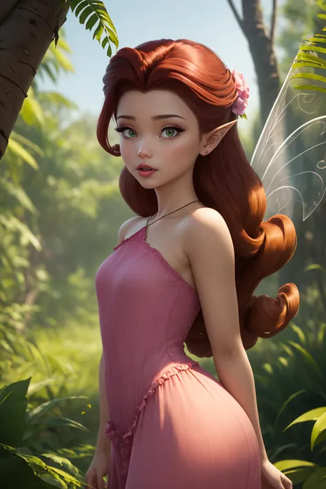 masterpiece, 8k, perfect ligthing, , adult, female, cowboy shot, looking at viewer, Arm behind back, cinematic lighting, Rosetta, (RosettaWaifu:1.1), Hair curled at the ends, (dress:1.8), (extra long fairy wings), long wings, pink clothes, clothes made from petals, Auburn Hair, (pointy ears), (detailled eyes), green eyes, emerald eyes, shrunken, Biting or licking the upper lip,  blush,  pixiedust, jungle, treehouse,  <lora:RosettaTinkerbellDisney-06:0.6> <lora:realisticGlossyFaceSkin_rseromanticRsesofiko:0.3>