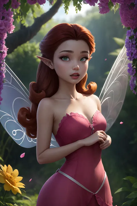 masterpiece, 8k, perfect ligthing, , adult, female, cowboy shot, looking at viewer, Arm behind back, cinematic lighting, Rosetta, (RosettaWaifu:1.1), Hair curled at the ends, (dress:1.8), (extra long fairy wings), long wings, pink clothes, clothes made from petals, Auburn Hair, (pointy ears), (detailled eyes), green eyes, emerald eyes, shrunken, Biting or licking the upper lip, blush, pixiedust, ((Flowers)), hill with flowers, ((overgrown with flowers)), flower hanging from above, tree blossom, <lora:RosettaTinkerbellDisney-06:0.6> <lora:realisticGlossyFaceSkin_rseromanticRsesofiko:0.3>