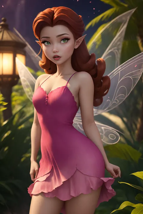 masterpiece, 8k, perfect ligthing, , adult, female, full body shot, looking at viewer, Arm behind back, cinematic lighting, Rosetta, (RosettaWaifu:1.1), Hair curled at the ends, (dress:1.8), (extra long fairy wings), long wings, pink clothes, clothes made from petals, Auburn Hair, (pointy ears), (detailled eyes), green eyes, emerald eyes, shrunken, Biting or sucking on a lower lip, blush, pixiedust, jungle, flowers, treehouse, night, <lora:RosettaTinkerbellDisney-06:0.6> <lora:realisticGlossyFaceSkin_rseromanticRsesofiko:0.3>