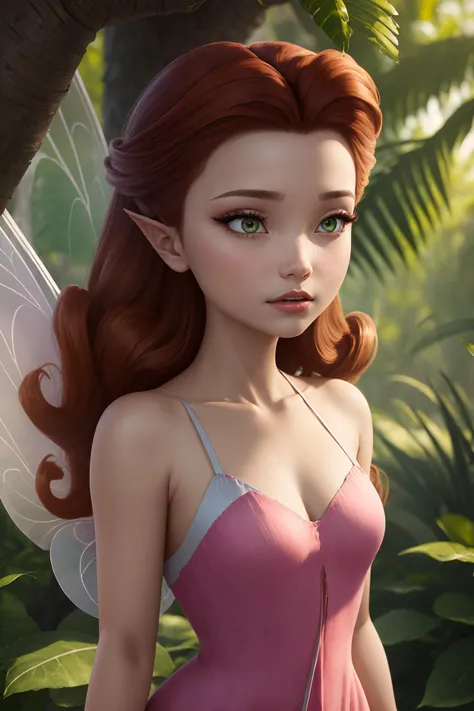 masterpiece, 8k, perfect ligthing, , adult, female, full body shot, looking at viewer, Arm behind back, cinematic lighting, Rosetta, (RosettaWaifu:1.1), Hair curled at the ends, (dress:1.8), (extra long fairy wings), long wings, pink clothes, clothes made from petals, Auburn Hair, (pointy ears), (detailled eyes), green eyes, emerald eyes, shrunken, Gazing intently with half-closed eyes,  blush,  pixiedust, jungle, treehouse,  <lora:RosettaTinkerbellDisney-06:0.6> <lora:realisticGlossyFaceSkin_rseromanticRsesofiko:0.3>