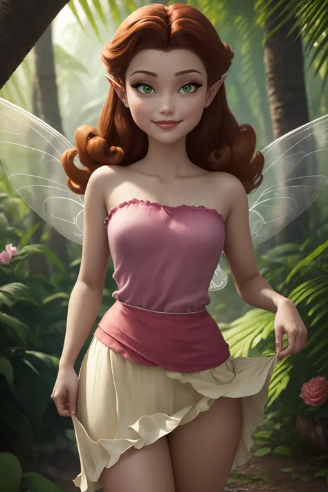 masterpiece, 8k, perfect ligthing, , adult, female, cowboy shot, looking at viewer, Hand on chin pose, cinematic lighting, Rosetta, (RosettaWaifu:1.1), Hair curled at the ends, (dress:1.8), (extra long white fairy wings), (skirt lift:1.8), long wings, pink clothes, clothes made from petals, Auburn Hair, (pointy ears), (detailled eyes), green eyes, emerald eyes, shrunken, (smirk:1.3),  blush,  pixiedust, jungle, treehouse,  <lora:RosettaTinkerbellDisney-06:0.6> <lora:realisticGlossyFaceSkin_rseromanticRsesofiko:0.3>