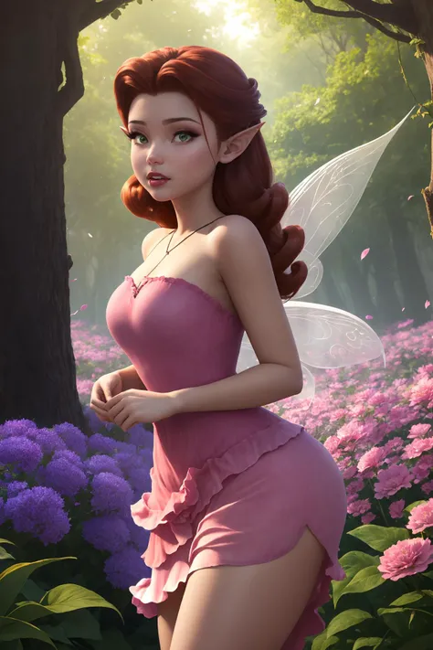 masterpiece, 8k, perfect ligthing, , adult, female, cowboy shot, looking at viewer, Arm behind back, cinematic lighting, Rosetta, (RosettaWaifu:1.1), Hair curled at the ends, (dress:1.8), (extra long fairy wings), long wings, pink clothes, clothes made from petals, Auburn Hair, (pointy ears), (detailled eyes), green eyes, emerald eyes, shrunken, Biting or licking the upper lip, blush, pixiedust, ((Flowers)), forest filled with huge flowers, ((overgrown with flowers)), treehouse, <lora:RosettaTinkerbellDisney-06:0.6> <lora:realisticGlossyFaceSkin_rseromanticRsesofiko:0.3>