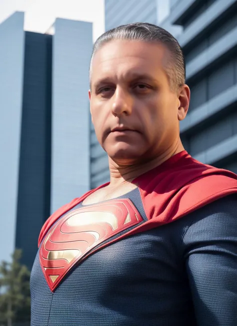 fullbody photo of man (favaloro:1) dressed like Superman, serious look, outdoor, (look at viewer:1.2) (skin texture), (high detailed face:1.3), close up, cinematic light, sidelighting, Fujiflim XT3, DSLR, 50mm, , <lora:favaloro:1>