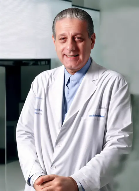 fullbody photo of man (favaloro:1) dressed like a surgeon, smiling, indoor, blurred background, (look at viewer:1.2) (skin texture), (high detailed face:1.3), close up, cinematic light, sidelighting, Fujiflim XT3, DSLR, 50mm, , <lora:favaloro:1> <lora:add_detail:1.2>