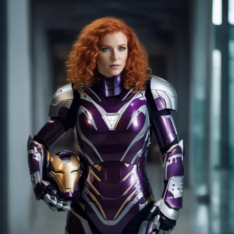 cinematic photo a full body beautifull redhead woman with curly hair in a purple and grey armor <lora:Mark49-1024:0.9> . 35mm photograph, film, bokeh, professional, 4k, highly detailed