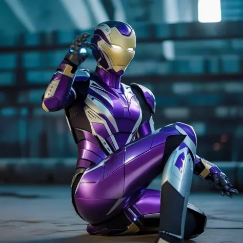 cinematic photo a womanin a purple and grey armor wears a mask, sitting on the ground, cyberpunk background<lora:Mark49-1024:0.9> . 35mm photograph, film, bokeh, professional, 4k, highly detailed