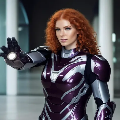 cinematic photo a full body beautifull redhead woman with curly hair in a purple and grey armor <lora:Mark49-1024:0.9> . 35mm photograph, film, bokeh, professional, 4k, highly detailed