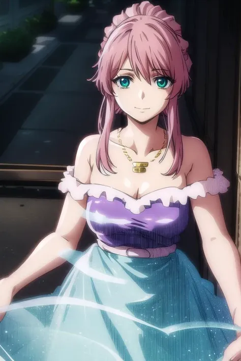 hepatocyte, <lora:hepatocyte s1-lora-nochekaiser:1>,
hepatocyte, long hair, (green eyes:1.3), pink hair, sidelocks, hair up, smile,
BREAK dress, cleavage, bare shoulders, jewelry, necklace, purple dress, strapless, strapless dress, collarbone,
BREAK indoors,
BREAK looking at viewer, (cowboy shot:1.5), dynamic pose,
BREAK <lyco:GoodHands-beta2:1>, (masterpiece:1.2), best quality, high resolution, unity 8k wallpaper, (illustration:0.8), (beautiful detailed eyes:1.6), extremely detailed face, perfect lighting, extremely detailed CG, (perfect hands, perfect anatomy),