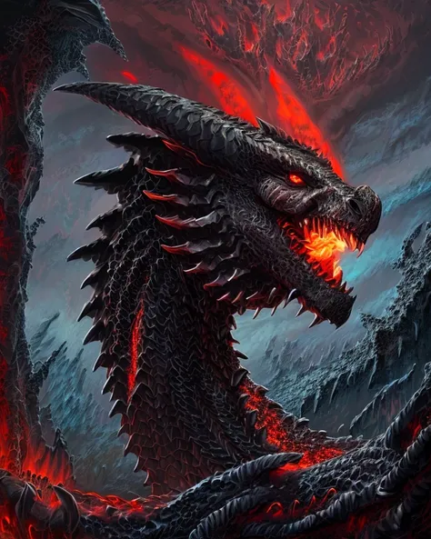 apocalyptic portrait painting of an evil black dragon, glowing red eyes, detailed scales, twisted horns, volcanic eruption in the background