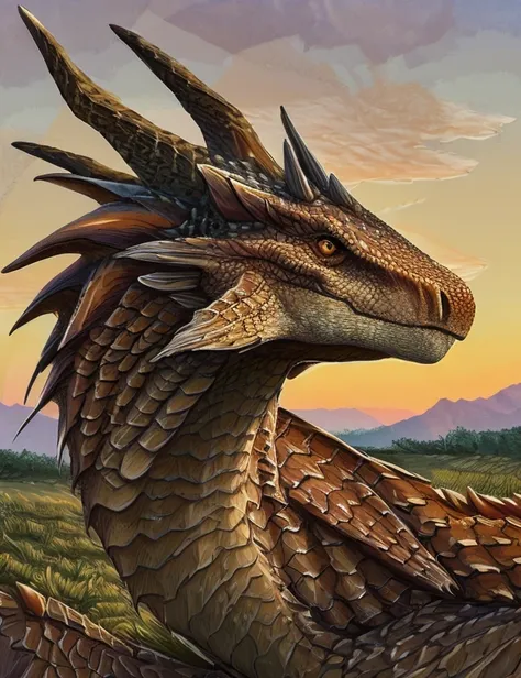 digital portrait masterpiece painting of a horned brown earth dragon basking in the sun, detailed scales, grass landscape at sunrise in the background