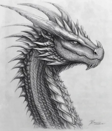 pencil drawing portrait of an elegant dragon with many horns, concept art