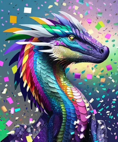 digital portrait masterpiece painting of a very colorful rainbow dragon, iridescent scales, confetti in the background