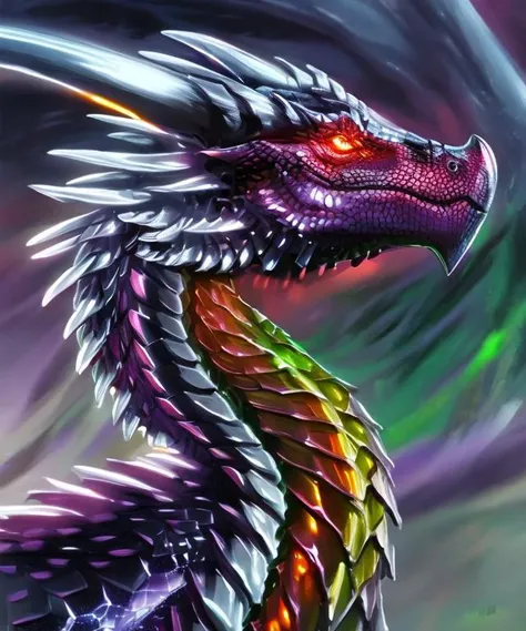 portrait painting of a shiny chrome dragon, sharp horns, fierce glowing eyes