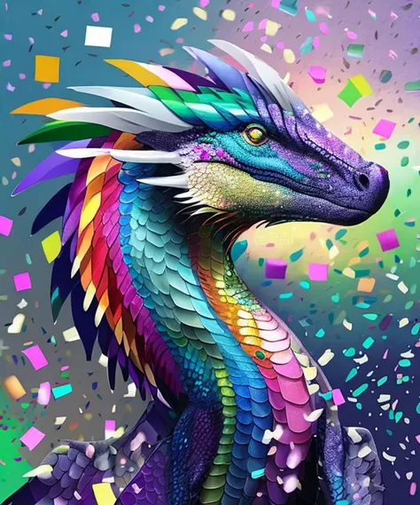 digital portrait masterpiece painting of a very colorful rainbow dragon, iridescent scales, confetti in the background
