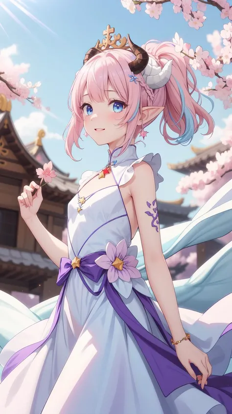 masterpiece, best quality, (Horny:1.3), (shy), (Innocent:1.5), (Yuta:1.0), less light, (star accessory on gown:1.4), (hair accessory:1.3), (hair pins:1.3), (on wind:1.5), Medium hair, small breast, (Two ponytails:1.3), POINTY EARS, smoothing, (Hear jewel hair ornament:1.3), (beautiful:1.2), (blue eyes), space eyes, HD, extra detailed, smile, (Cute:1.1), (solo:1.5), (Light Pink hair:1.5), hair above cheeks:1.5), (white dragon horns:1.3), Small Medium chest, (Purple idol gown:1.4), (Sakura samsara background:1.3), Buildings, trees, Sky with stars, (Cute:1.2), (Light blue layer:1.4), (Light blue hair:1.3), Circle dress