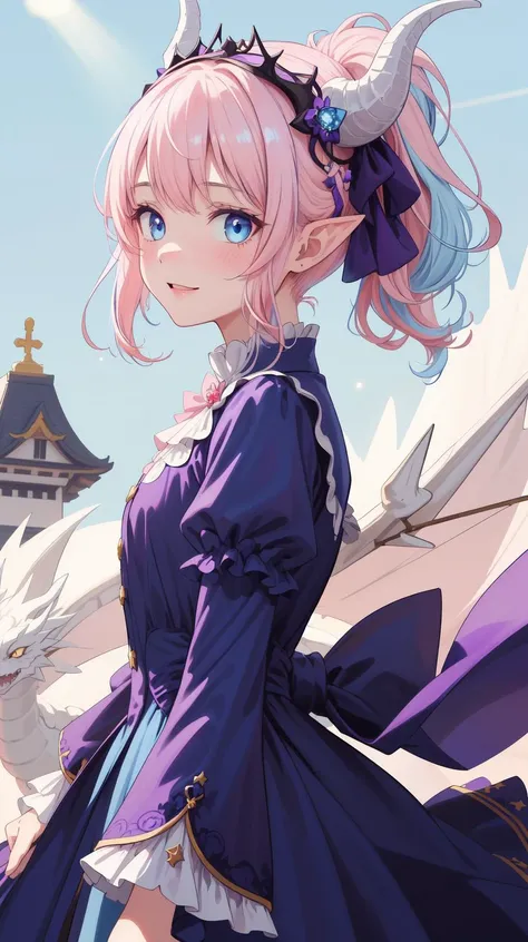 masterpiece, best quality, (Assymetric chiffon gown), Horny, (shy), (Innocent), (Yuta:1.0), (circle gown), (Wide sleeves), less light, (star accessory on gown), (hair accessory), (layered), (point particles), (hair pins:), (on wind), Medium hair, small breast, (Two ponytails), POINTY EARS, smoothing, (Hear jewel hair ornament), (beautiful), (blue eyes), space eyes, HD, extra detailed, smile, (Cute), (solo), hair above cheeks), (white dragon horns), Small Medium chest, (Light pink hair:1.2), (light blue hair:1.2), (Gradient hair:1.2), Circle short hanfu dress