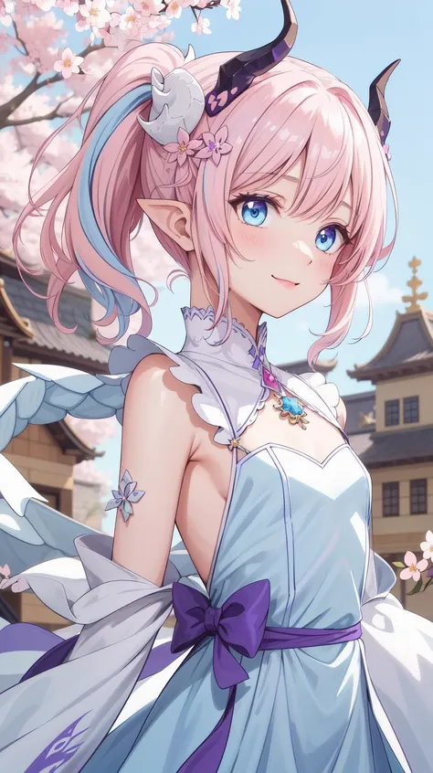 masterpiece, best quality, (Horny:1.3), (shy), (Innocent:1.5), (Yuta:1.0), less light, (star accessory on gown:1.4), (hair accessory:1.3), (hair pins:1.3), (on wind:1.5), Medium hair, small breast, (Two ponytails:1.3), POINTY EARS, smoothing, (Hear jewel hair ornament:1.3), (beautiful:1.2), (blue eyes), space eyes, HD, extra detailed, smile, (Cute:1.1), (solo:1.5), (Light Pink hair:1.5), hair above cheeks:1.5), (white dragon horns:1.3), Small Medium chest, (Purple idol gown:1.4), (Sakura samsara background:1.3), Buildings, trees, Sky with stars, (Cute:1.2), (Light blue layer:1.5), (Light blue hair:1.3), Circle dress