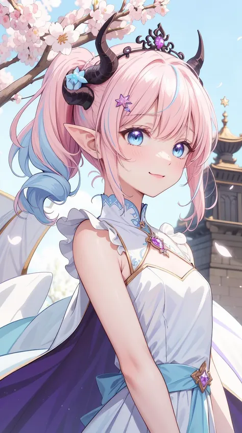 masterpiece, best quality, (Horny:1.3), (shy), (Innocent:1.5), (Yuta:1.0), less light, (star accessory on gown:1.4), (hair accessory:1.3), (hair pins:1.3), (on wind:1.5), Medium hair, small breast, (Two ponytails:1.3), POINTY EARS, smoothing, (Hear jewel hair ornament:1.3), (beautiful:1.2), (blue eyes), space eyes, HD, extra detailed, smile, (Cute:1.1), (solo:1.5), (Light Pink hair:1.5), hair above cheeks:1.5), (white dragon horns:1.3), Small Medium chest, (Purple idol gown:1.4), (Sakura samsara background:1.3), Buildings, trees, Sky with stars, (Cute:1.2), (Light blue layer:1.5), (Light blue hair:1.3), Circle dress